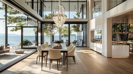 Wall Mural - An elegant dining room with a statement chandelier and floor-to-ceiling windows