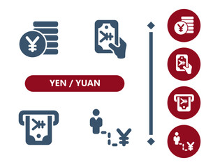 Wall Mural - Yen, Yuan icons. Coins, coin, cash, money, Yen, Yuan bill, banknote, ATM, job, career, businessman icon