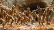 A group of clay sculptures of people running in a tunnel