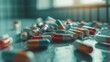 Prescription medicine drug pills scattered on white countertop addiction opioid epidemic crisis painkiller benzodiazepine