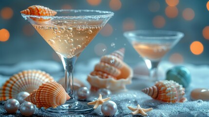 A glass martini glass with water and seashells, sea stones and freshwater pearls. This is macro photography.