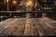 Close-up of a rustic wooden table surface in a bar with blurred bottles in the background