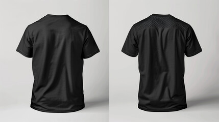 Captivating Black T-Shirt Template with Subtle Front Logo and Intricate Back Motif, Exquisitely Detailed Against Seamless White Backdrop, Perfect for Showcasing Your Unique Brand Identity