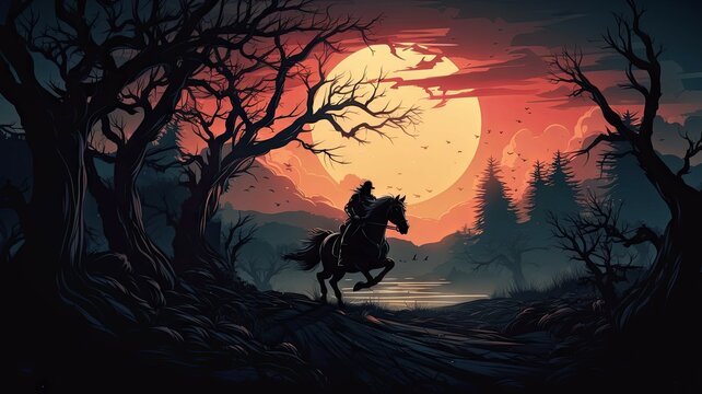 Headless Horsemans Autumn Gallop Through Moonlit Forest