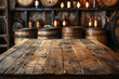 Rustic wooden table top with blurred background of barrels and vintage bottles in a dimly lit cellar