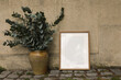 Blank wooden picture frame mockup against old ochre textured white wall. A4, A3, A2 poster template. Vintage vase, pot with eucalyptus tree branches. Neutral Summer background, Mediterranean design.