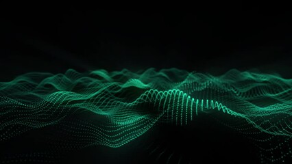 Wall Mural - Looped dark glowing black green background space for text. loop 3D waves of small particles.  Motion Graphic Background Design