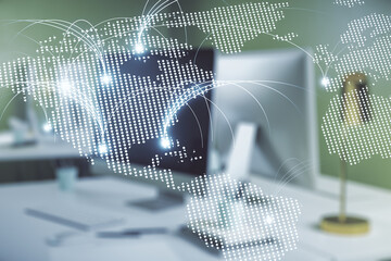 Wall Mural - double exposure of abstract digital world map with connections on laptop background, research and st