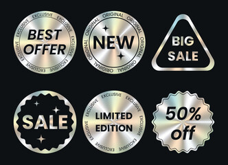 Set of color holographic sticker templates, label with holographic effect. Shiny rainbow emblems Limited Edition, New, 50% off, Best Offer, Sale, Big sale. Vector illustration EPS10