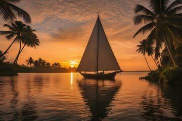 Wall Mural - Sailboat on a Lake at Sunrise, Amidst the Palm Trees in sea