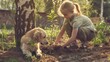 A child planting a tree sapling alongside a curious dog sniffing the soil