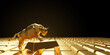 Golden bull standing on the gold bars with copy space 3D render