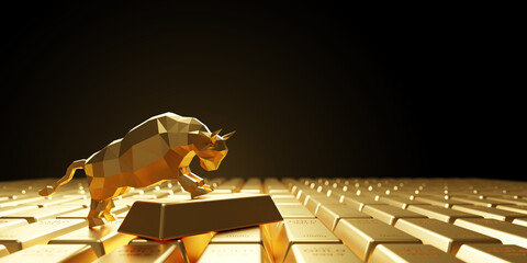 Golden bull standing on the gold bars with copy space 3D render