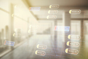 Wall Mural - double exposure of abstract programming language interface on empty modern office background, resear