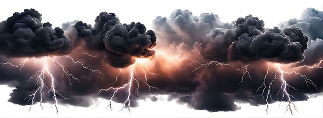  Black storm clouds with lightnings and smoke isolated on white background. 
