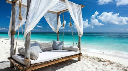 Wall Mural - wooden swing with a mattress and pillows under a canopy on the tropical beach