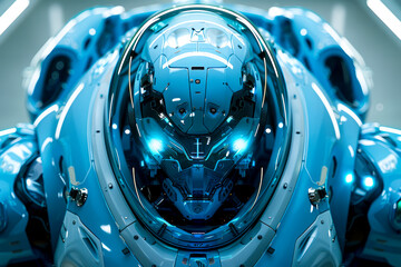 Wall Mural - Blue Cyber AI: Futuristic Machines in a Dark Studio - Top-Down Photography with Transparent Inside View and Cinematic Lighting