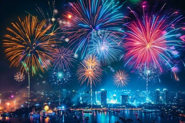 Fireworks over the city, with a panoramic view of the sky filled with colorful flashes, perfect for an abstract festive letterhead 8K , high-resolution, ultra HD,up32K HD