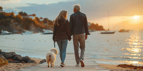 Wall Mural - A couple walks by the seaside at sunset, accompanied by their dog, enjoying romantic moments