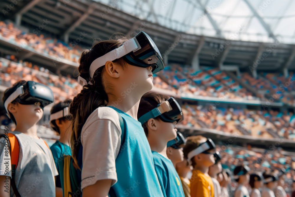 A group of children, wearing casual attire, stand on the sidelines of a football stadium, fully engaged in a virtual reality experience. 