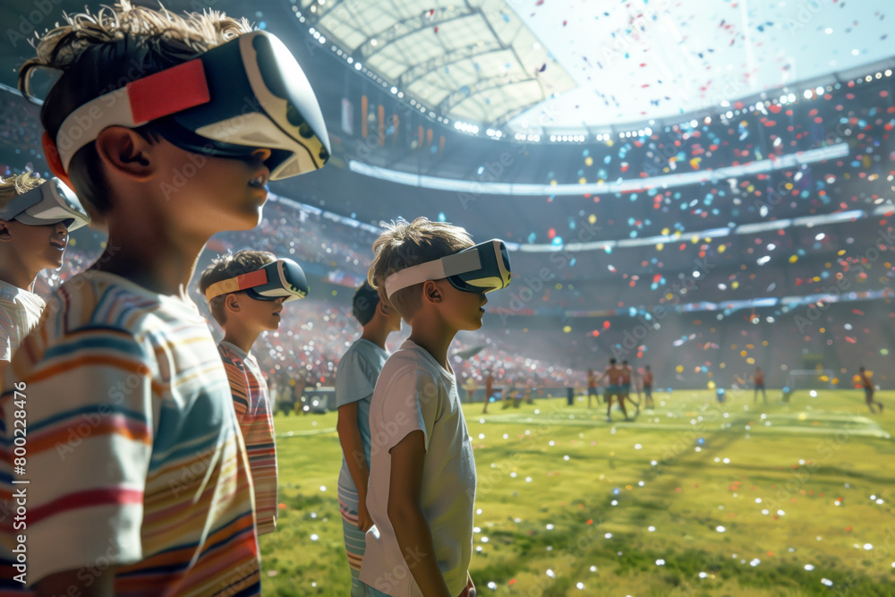 A group of children, wearing casual attire, stand on the sidelines of a football stadium, fully engaged in a virtual reality experience. 