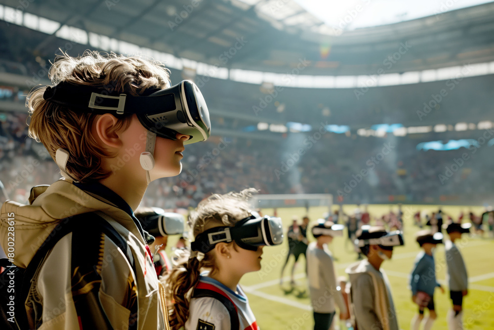 A group of children, wearing casual attire, stand on the sidelines of a football stadium, fully engaged in a virtual reality experience. 