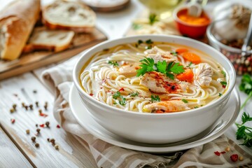 Wall Mural - Delicious noodle soup with chicken and veggies in white bowl with bread and spices on wooden background