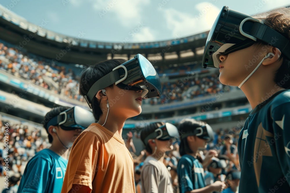 A group of children, wearing casual attire, stand on the sidelines of a football stadium, fully engaged in a virtual reality experience. 