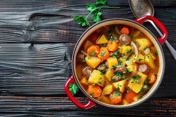 Finnish sausage soup with vegetables in red pot top view on black table