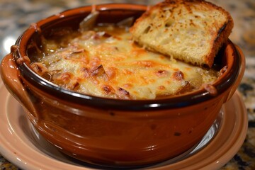 Wall Mural - French onion soup with homemade cheese and toast