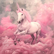 Unicorn running on pink clouds illustration