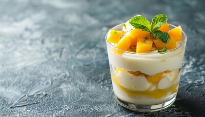 Wall Mural - Healthy breakfast of mango yogurt with fresh mint in a glass close up on concrete background