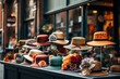 A quaint hat shop nestled in a bustling city street, showcasing an array of hats designed for all seasons, from warm woolen beanies to sun-protective straw hats