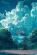 Basketball court background with clouds in the background