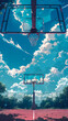 Basketball court and sky with clouds. Sport background. Vintage style