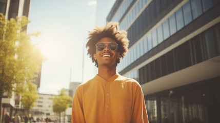 Fashionable portrait of stylish happy laughing black American young man in summer sunny city