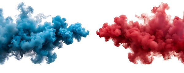  Blue and red smoke merging isolated on white background. 