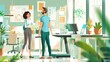 © kittikunfoto - Two animated characters, a man, and a woman, engage in conversation in a modern, well-lit office space with plants, computers, and design sketches.