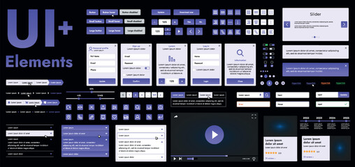 A set of modern violet web interface elements designed for the development and design of websites and mobile applications. Includes buttons, icons, navigation elements, slyder, forms.