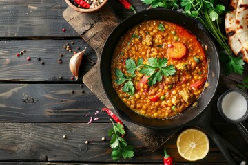 Wall Mural - Indian dish of spicy green lentils with meat spices and herbs in a cast iron pan on a wooden table Top view with copy space