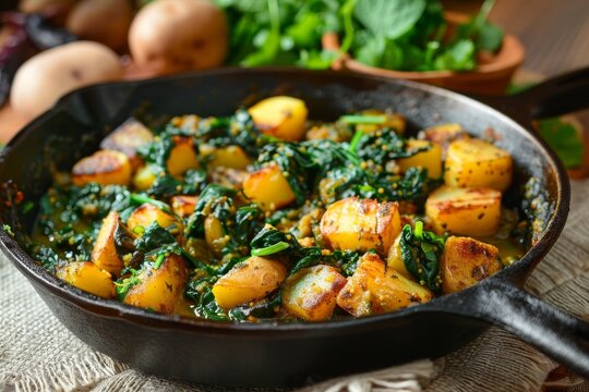 Indian style spinach and potatoes cooked in a cast iron pan