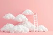white ladder is going to the clouds against a pink background