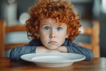 A little boy with curly red hair sits at the table and looks straight into the camera. He is sad because there was no food on his plate. In the style of stock photo, closeup portrait photography.
