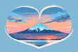 A heart-shaped sunset behind Mount Fuji, a blue sky with some clouds, an ocean