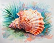 Watercolor hand drawn beach shell on a tropical paradise, bright pastels, beautiful summer theme