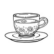 Cup of tea with healthy tea, chamomile. Hand drawn vector illustration in outline style.