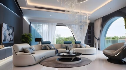 modern living room interior with beautiful scene 