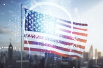 Wall Mural - Double exposure of creative artificial Intelligence hologram on USA flag and blurry cityscape background. Neural networks and machine learning concept