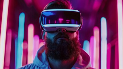 Wall Mural - A young man wearing glasses experiencing virtual reality technology. Concept of futuristic augmented reality and neon lights.