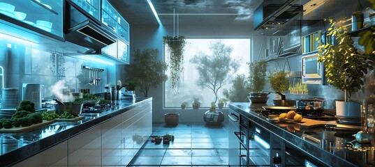 Wall Mural - A Futuristic Kitchen with Automated Appliances. A Concept of IoT (Internet of Things) Integration in Smart Homes